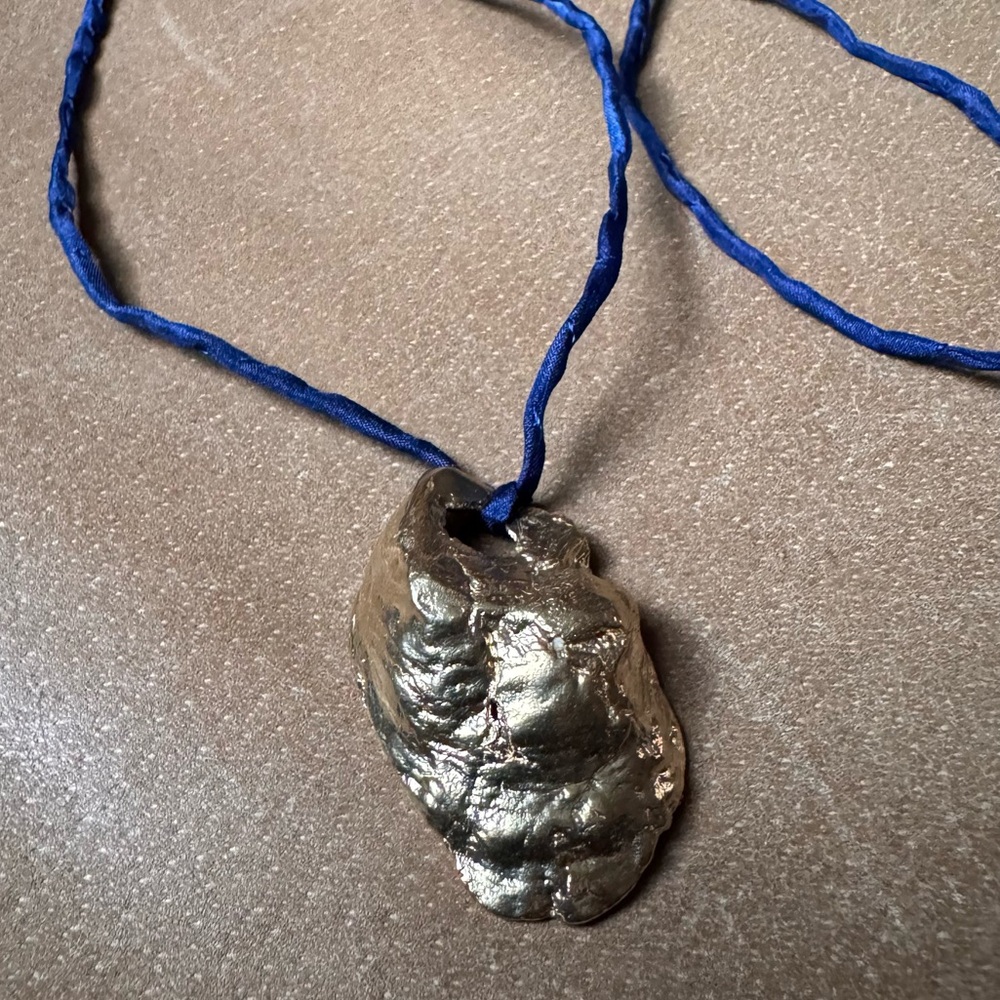 Gold brass pendant necklace textured shell beach mermaid on silk hand dyed cord